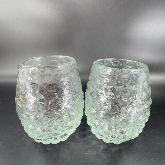 Hand Blown Stemless Drinking Cups Tumbler Set 2 Recycle Glass Green Tint Glasses - Picture 13 of 16